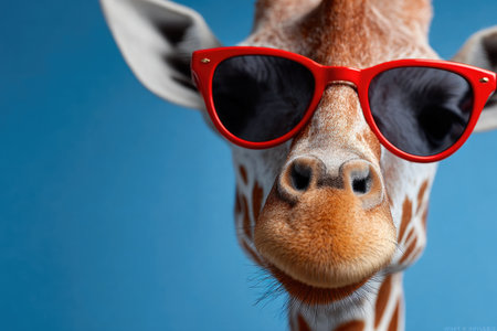 Funny giraffe wearing red sunglasses on blue backgroundの素材