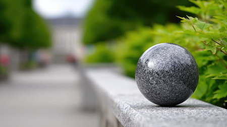 Polished Granite Sphere on Stone Railing in Urban Parkの素材