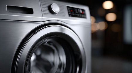 Modern front load washing machine in a home settingの素材