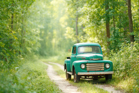 Vintage Green Pickup Truck on Forest Pathの素材