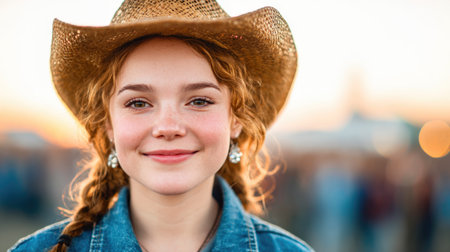 Smiling girl with hat at sunset outdoor eventの素材