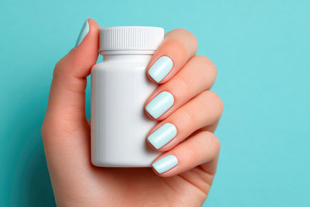 Hand with Light Blue Nails Holding White Plastic Bottleの素材