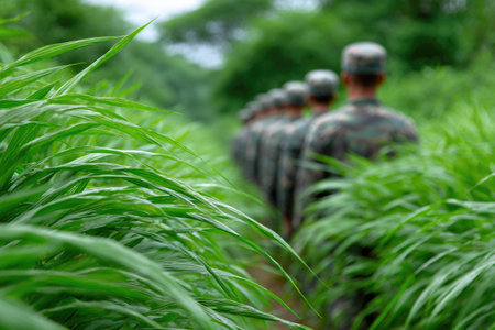 Army Troops Advancing Through Tall Grass in Jungleの素材