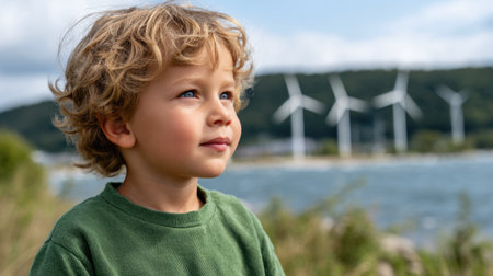 Blonde Boy with Wind Turbines Behindの素材