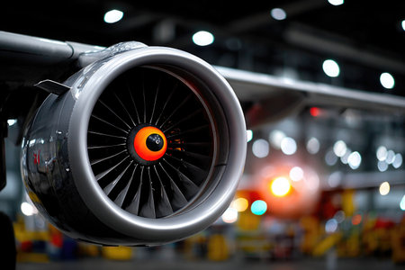 Modern jet engine front view in brightly lit aircraft hangarの素材