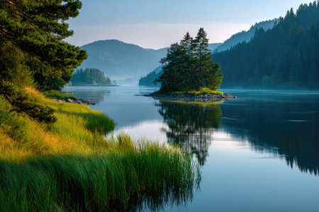 Peaceful Lake Island at Sunriseの素材