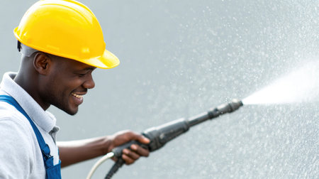 Worker with hard hat using pressure washerの素材