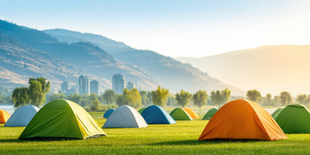 Colorful Tents Set Up in Scenic Camping Areaの素材