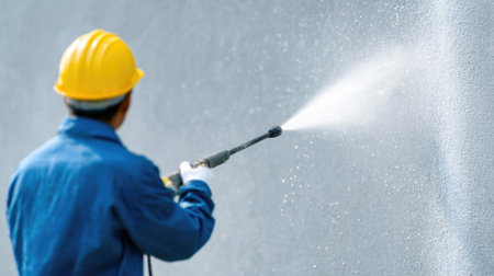 Worker Using High Pressure Washer on Wallの素材