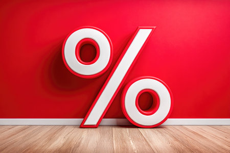 Large 3D percentage symbol leaning on red wallの素材