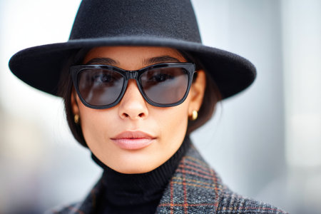 Stylish Woman Wearing Black Hat and Sunglassesの素材