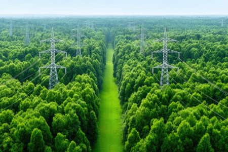 Power lines running through dense green forestの素材