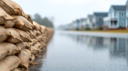 Sandbag Wall Along Residential Street in Rainの素材