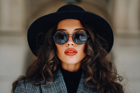 Fashionable Woman in Round Sunglasses and Black Hatの素材