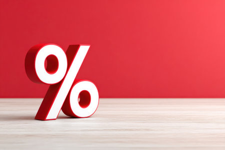 Red and white 3D percentage sign on wood surfaceの素材