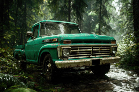 Vintage Pickup Truck in Rainy Forestの素材