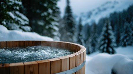 Steaming Outdoor Hot Tub in Winter Mountainsの素材