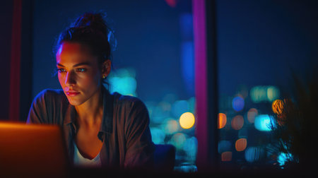 Woman Working Late on Laptop in City at Nightの素材