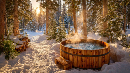 Hot Tub in a Snowy Forest at Sunriseの素材