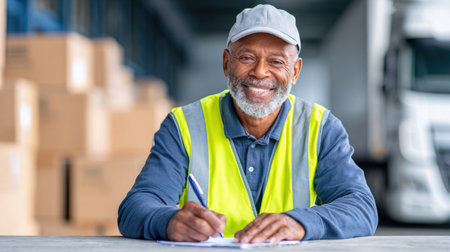 Smiling Warehouse Worker Signing Documentsの素材