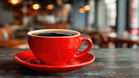 Red Coffee Cup on Cafe Tableの素材