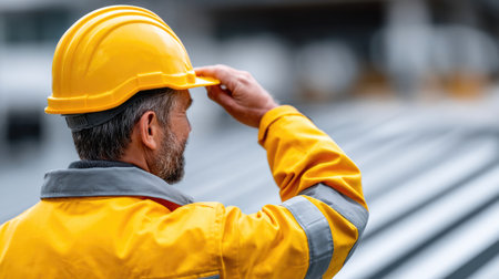 Construction worker in yellow safety uniform adjusting helmetの素材