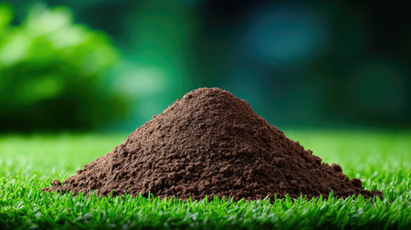 Fresh molehill on green grassの素材