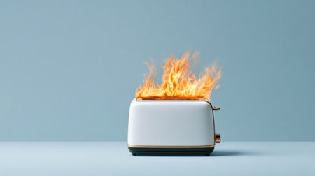 Burning Toaster on Blue Backgroundの素材