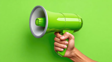 Hand holding green megaphoneの素材