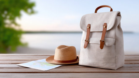 Backpack and Hat on Wooden Table Outdoorsの素材