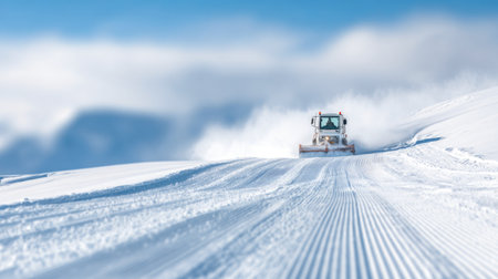 Snow Groomer Preparing Ski Slope in Daylightの素材