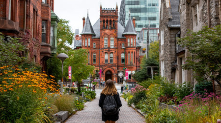 Woman Walking in Historic Streetの素材