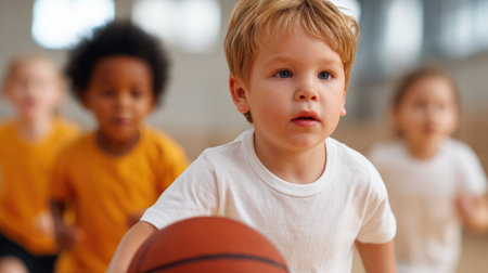 Young Boy Playing Basketball Indoorsの素材