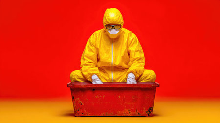 Person in Yellow Hazmat Suit on Red Backgroundの素材