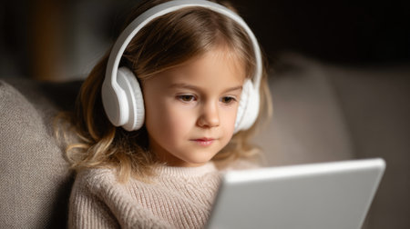 Girl with headphones watching tabletの素材