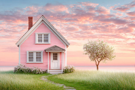 Pink Cottage House by the Sea at Sunsetの素材