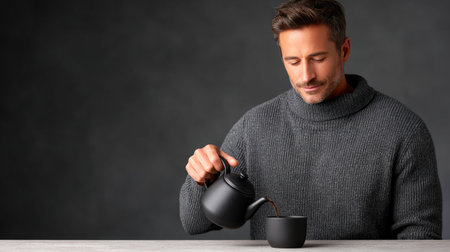 Man pouring tea in black teapotの素材