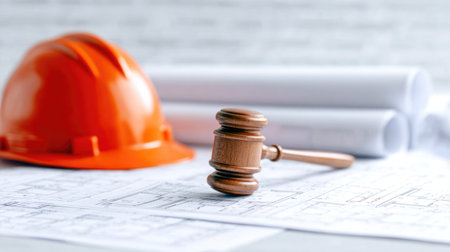Construction law and regulations concept with gavel and hard hatの素材