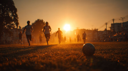 Soccer Players Running at Sunsetの素材