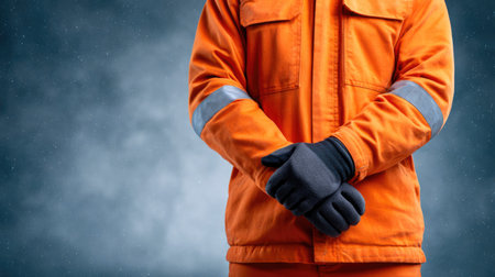 Worker in orange uniform with glovesの素材