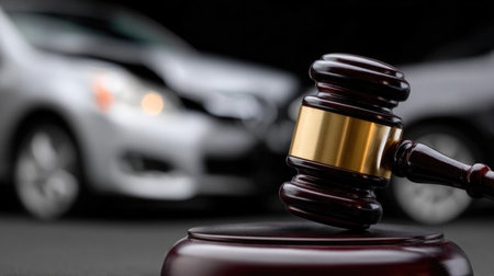 Court Gavel with Damaged Car in Backgroundの素材