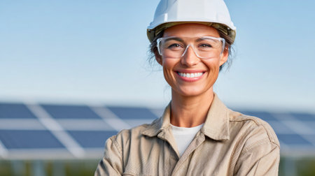 Female solar engineer in protective helmetの素材