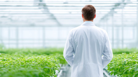 Man in White Lab Coat in Greenhouseの素材