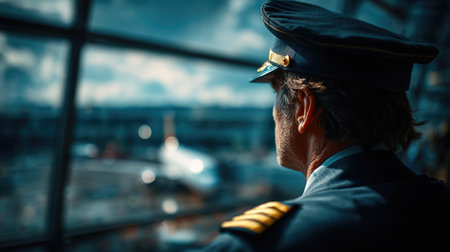 Airline Pilot Looking at Aircraftの素材