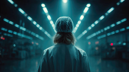 Lab Worker in Hair Net and White Coat Under Lightsの素材