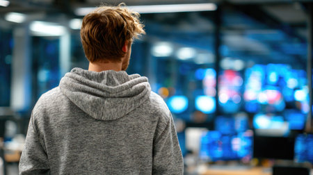 Man in Hoodie, Office with Screensの素材