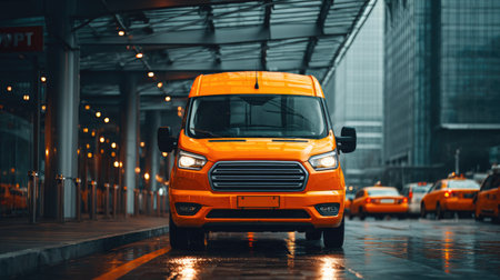 Yellow minivan taxi at city airport terminalの素材