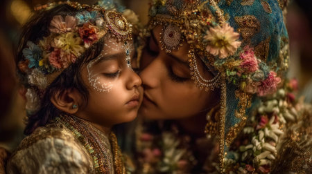 Mother and Child in Traditional Colorful Attireの素材