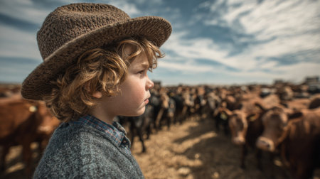 Boy with Hat Watching Cattle Herdの素材