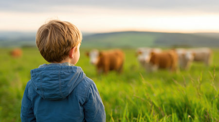 Child Watching Cows in Green Meadowの素材